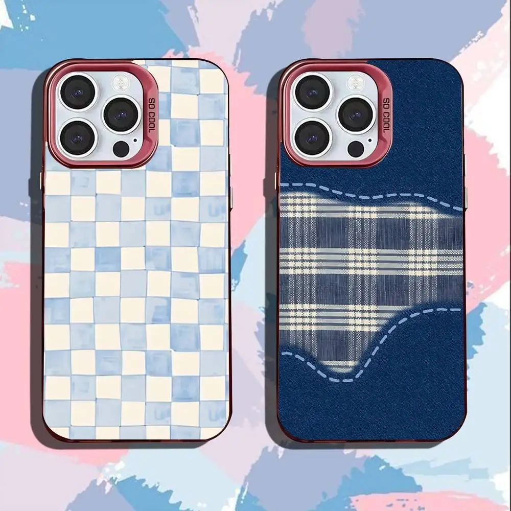 

Ins Korean Blue Striped Grid Phone Case For iPhone 17,16,15,14,13,12,11,Mini,Pro,SE,MAX Pink Matte Silicone Cover