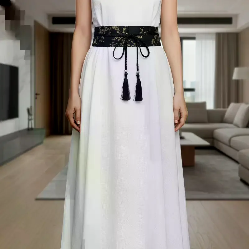 Vintage Floral Embroidered Waistband For Women Elegant Chinese Style Bow Tie Wrap Around Belt With Tassels For Dress Clothing
