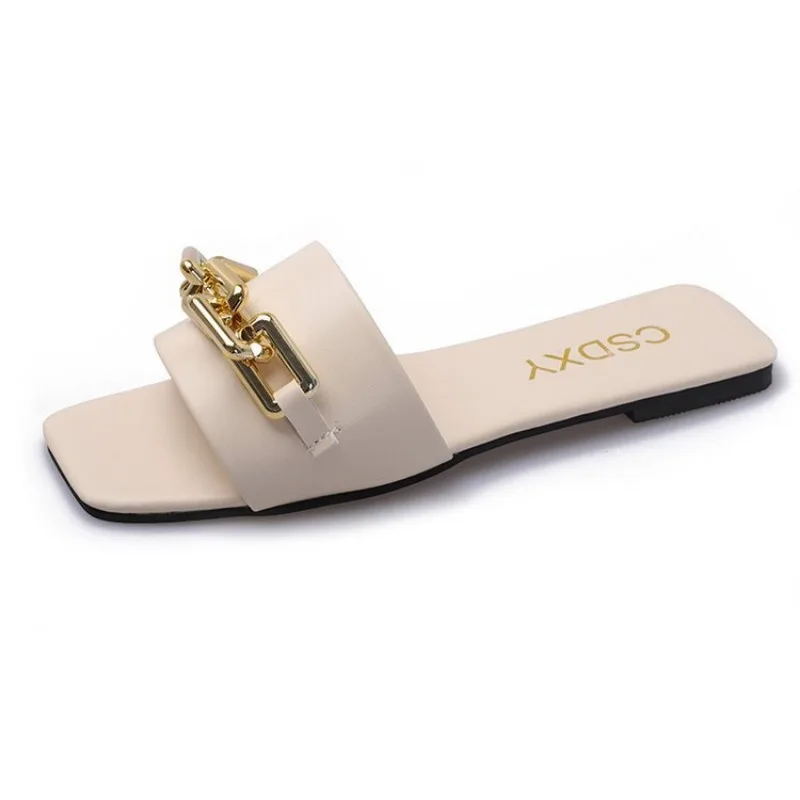 New Chain Women Slippers Summer Flat Outdoor Luxury Square Toe Design Sandals Women Slides New Korean Trend Plus Size 35-42