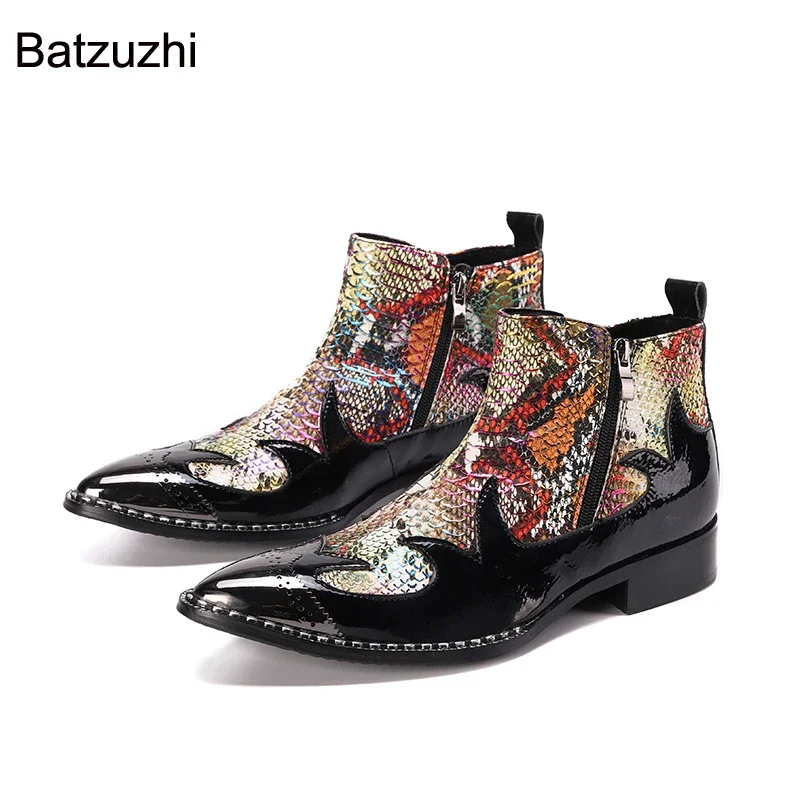 

Batzuzhi 100% Brand New Men's Boots Pointed Toe Black Print Genuine Leather Ankle Boots Men Zip Runway, Party Botas Hombre,38-46