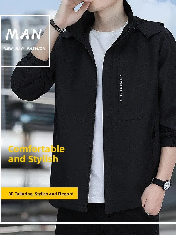 Men's Jacket Autumn Winter Thickened Casual Fashion Loose Large Size Top with Detachable Cap Zipper Cuff Sleeve Polyester Fabric