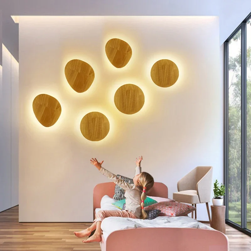 

Modern Nordic Interior Wooden Wall Lamp Eclipse Wandlamp Bedroom Bedside Aisle Design Round Japanese Round Led Wall Lights