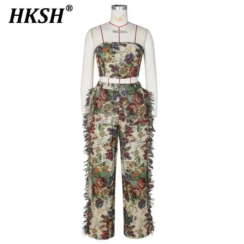 

HKSH Summer New Women's Chic Fashion Sexy Lace Up Wrapped Chest Fringe Long Pants Jacquard Fashion Set Floral High Street HK2483