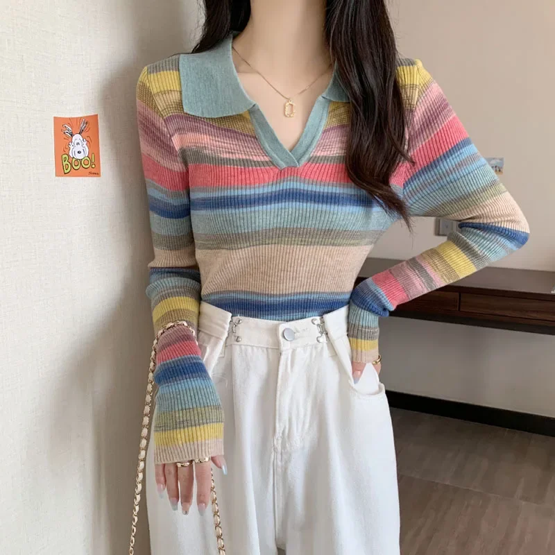 

2023 Early Autumn New Polo Neck Striped Knitwear Women Contrast Color Slim-fit Base Shirt Women with Autumn and Winter