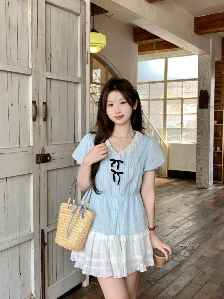 

New 2026 Women's Summer V-neck Bow Sweet Lace Blouse Girly Bubble Sleeves Fashion Chic Top