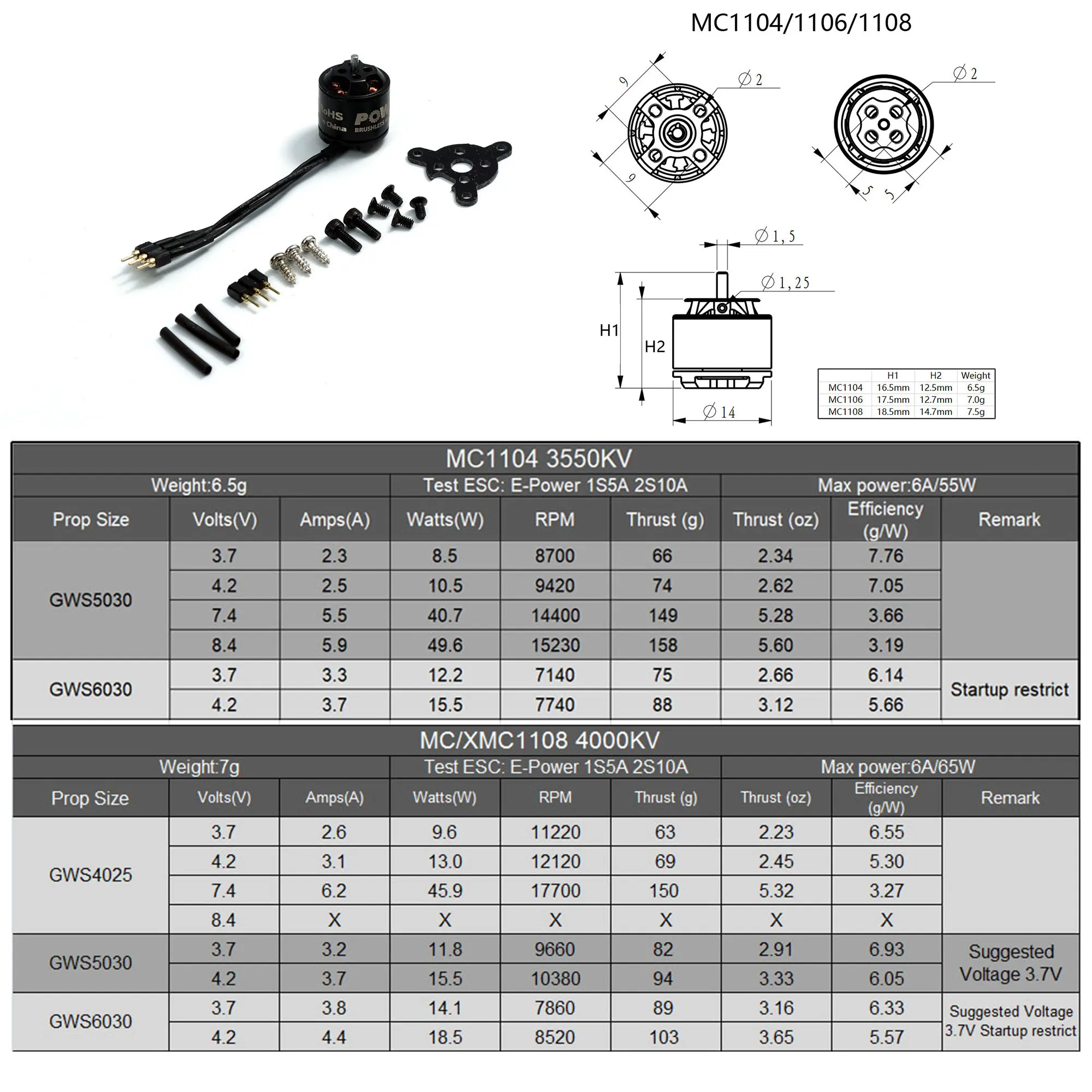 AEORC Mini Micro MC1108 4000KV Brushless Motor Support 1S 5A/2S 5A 5030 Propeller for RC Fixed Wing Micro Plane FPV Rcaing Drone