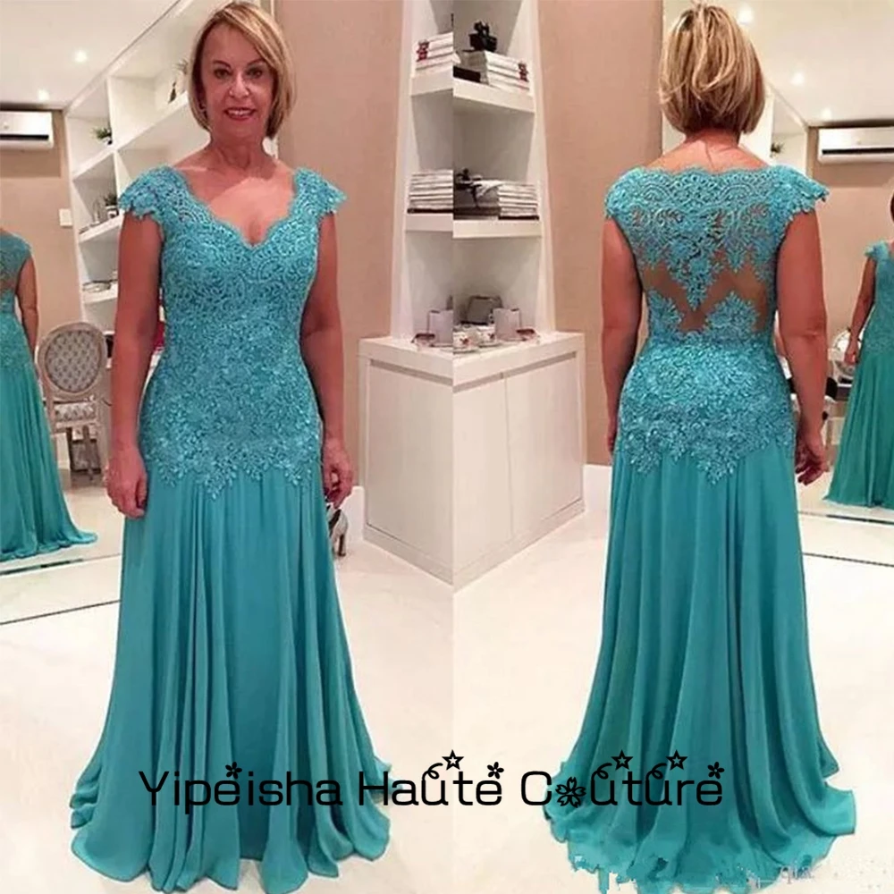 Yipeisha Turquoise Cap Sleeve Mother Of Bride Dresses 2022 Lace V Neckline Wedding Party Gowns New Summer Women Dress 2023