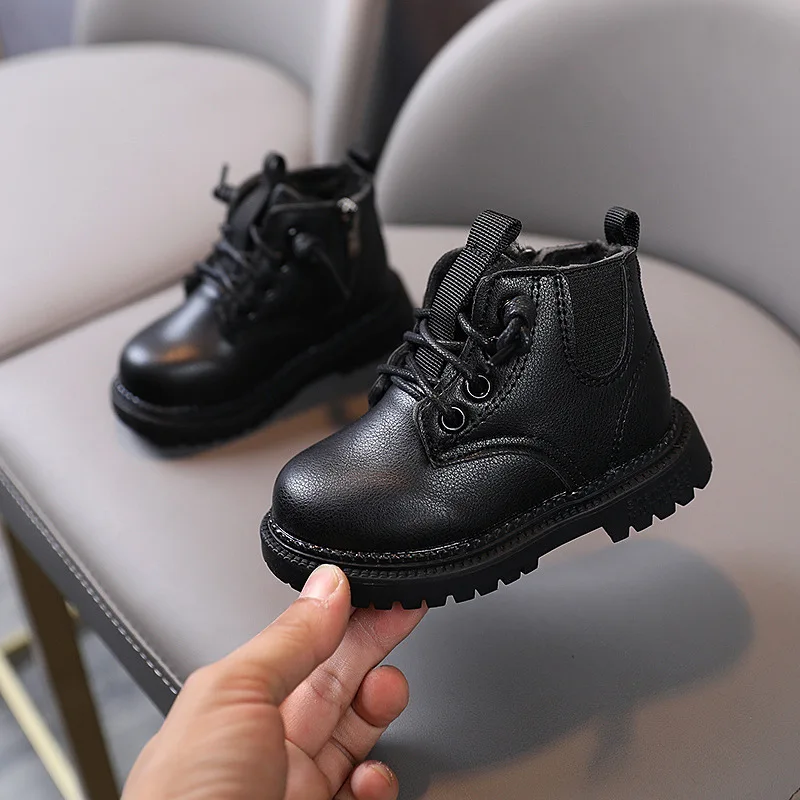 2024 Children Boots Autumn Winter Solid Color Shoe Boys Leather Boots Girls Fashion Short Snow Boots Toddler Shoes