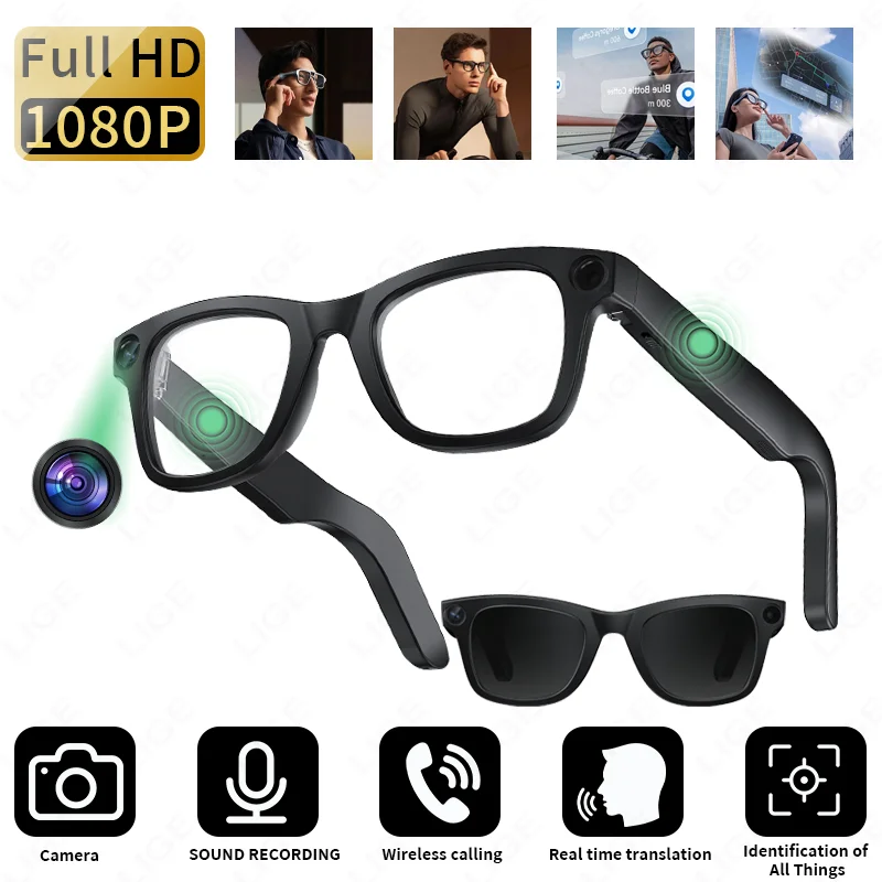 

LIGE AI Smart Glasses 8MP HD Mini Camera Bluetooth Call Voice Assistant Control Translate 300mAh Smart Sports Camera Sunglasses