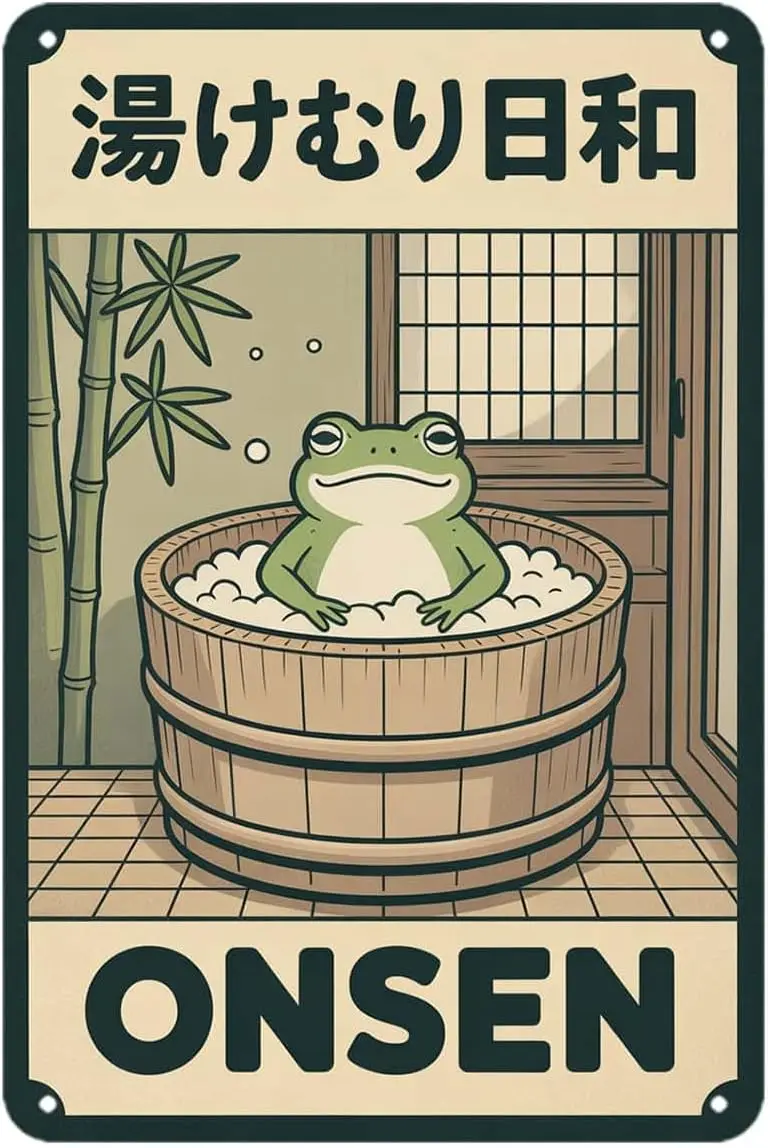 Japanese Hot Spring Bath Tin Sign Cute Animal Onsen Theme Vintage Metal Signs Wall Decor for Kitchen Bar Cafe Bedroom Home Patio