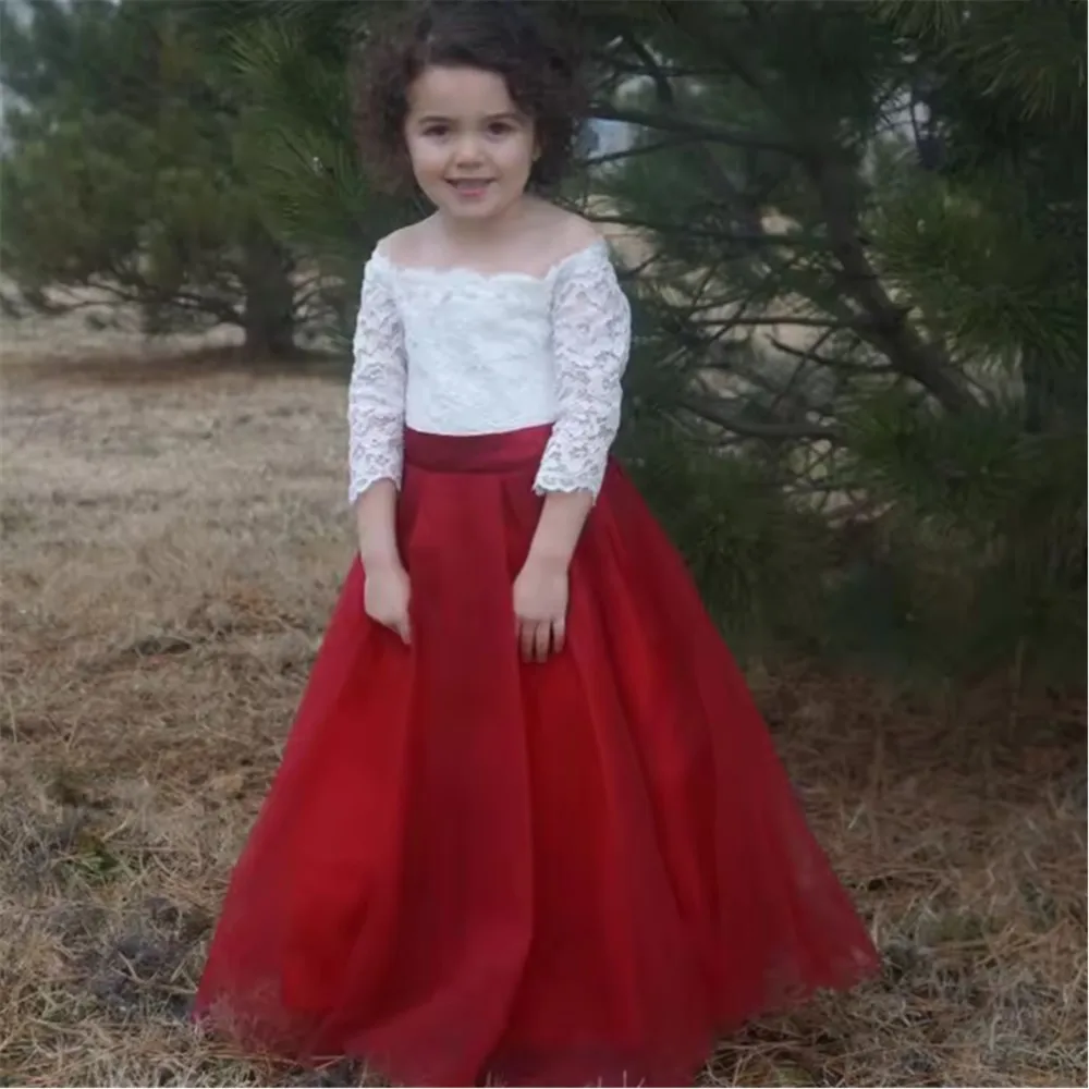 فستان زفاف فتاة الزهور بدون أكتاف مع فيونكة من الدانتيل للأطفال وحفلات أعياد الميلاد وحفلات الكريسماس فستان التواصل الأول #4
