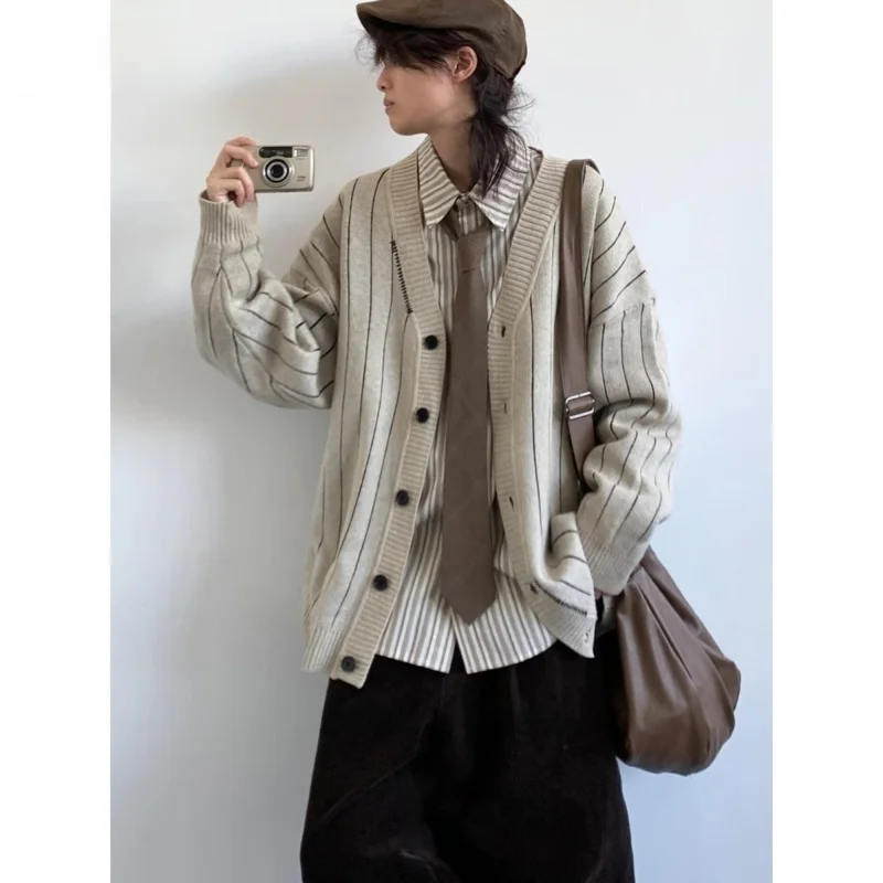 

East Japan Sle, мужской винтажный открытый кардиган с v-образным вырезом в вертикальную полоску, свободный повседневный вязаный зимний модный свитер для колледжа