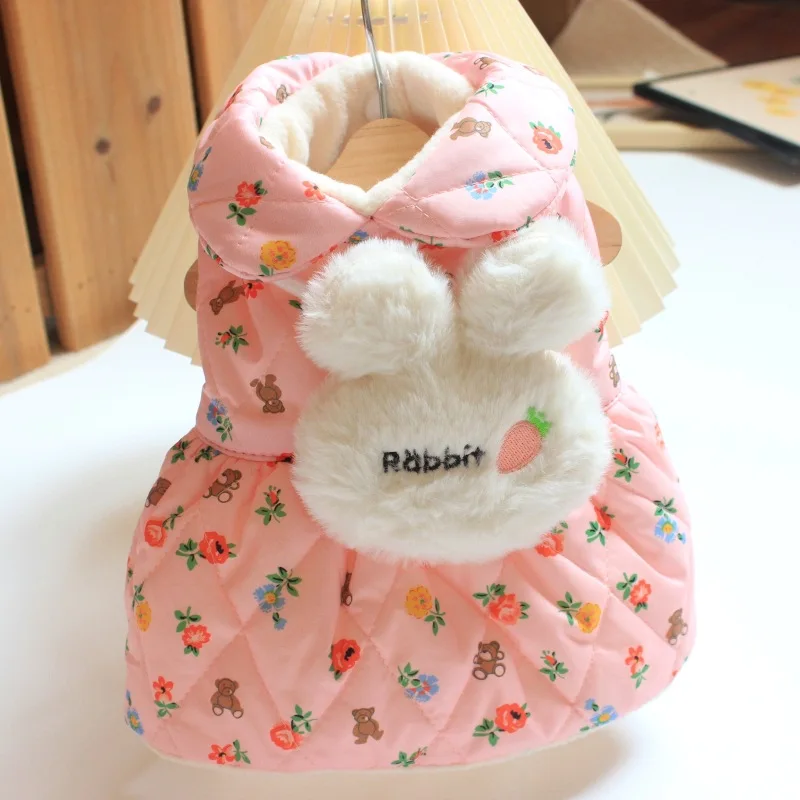 Chol 冬季兔子毛绒夹棉彩色宠物连衣裙，L码，粉色