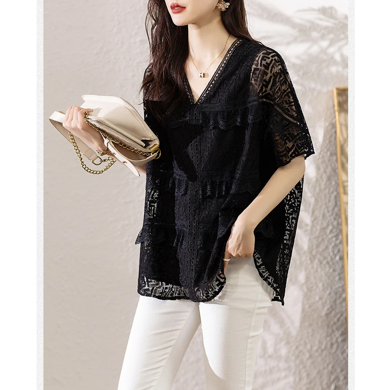 Women Fashion Sexy Hollow Lace Ruffle Irregular Black Oversized T-shirt 2024 Summer Female Casual V Neck Short Sleeve Tunic Tops