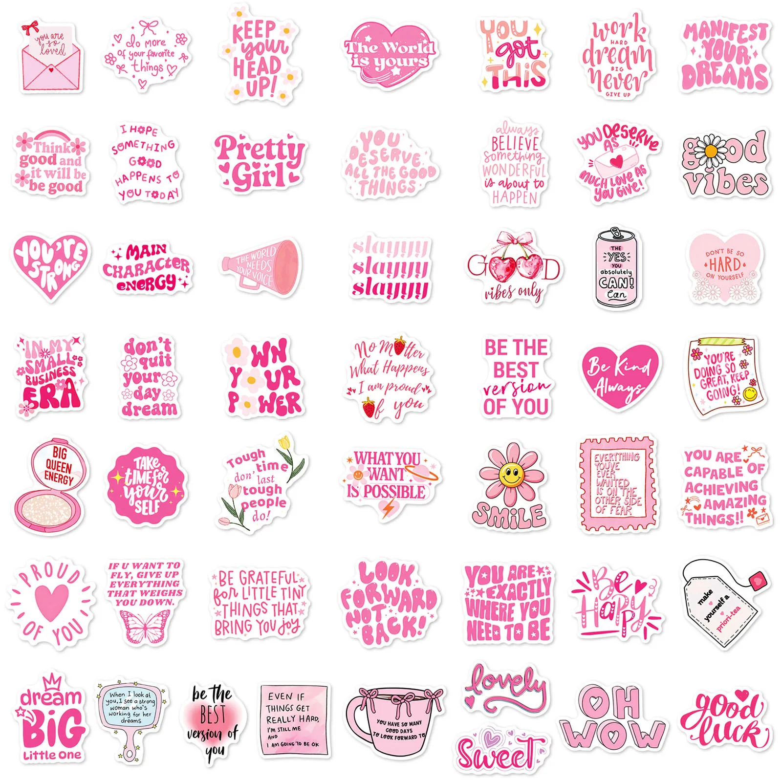 50Pcs Pink Inspirational Quote Cartoon Stickers Motivational Phrase Decals Toys Graffiti Notebook Laptop Phone DIY Sticker