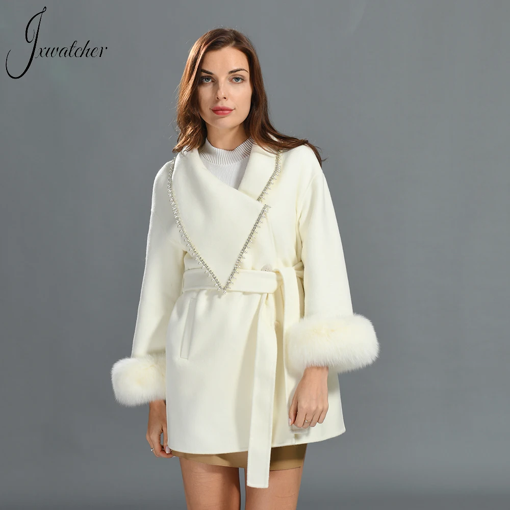 

Jxwatcher Women Cashmere Coat Fox Fur Cuffs Pearl Decoration Fashion Asymmetrical Collar Ladies Winter Belt Slim Warm Outerwear