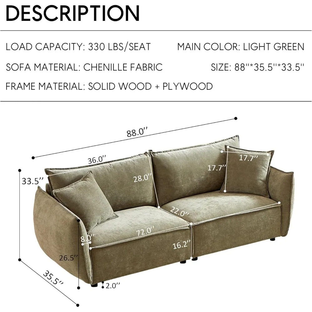 Divano componibile modulare a 3 posti, divanetto imbottito in stile minimalista, divano in ciniglia a seduta profonda con 2 cuscini, per soggiorno