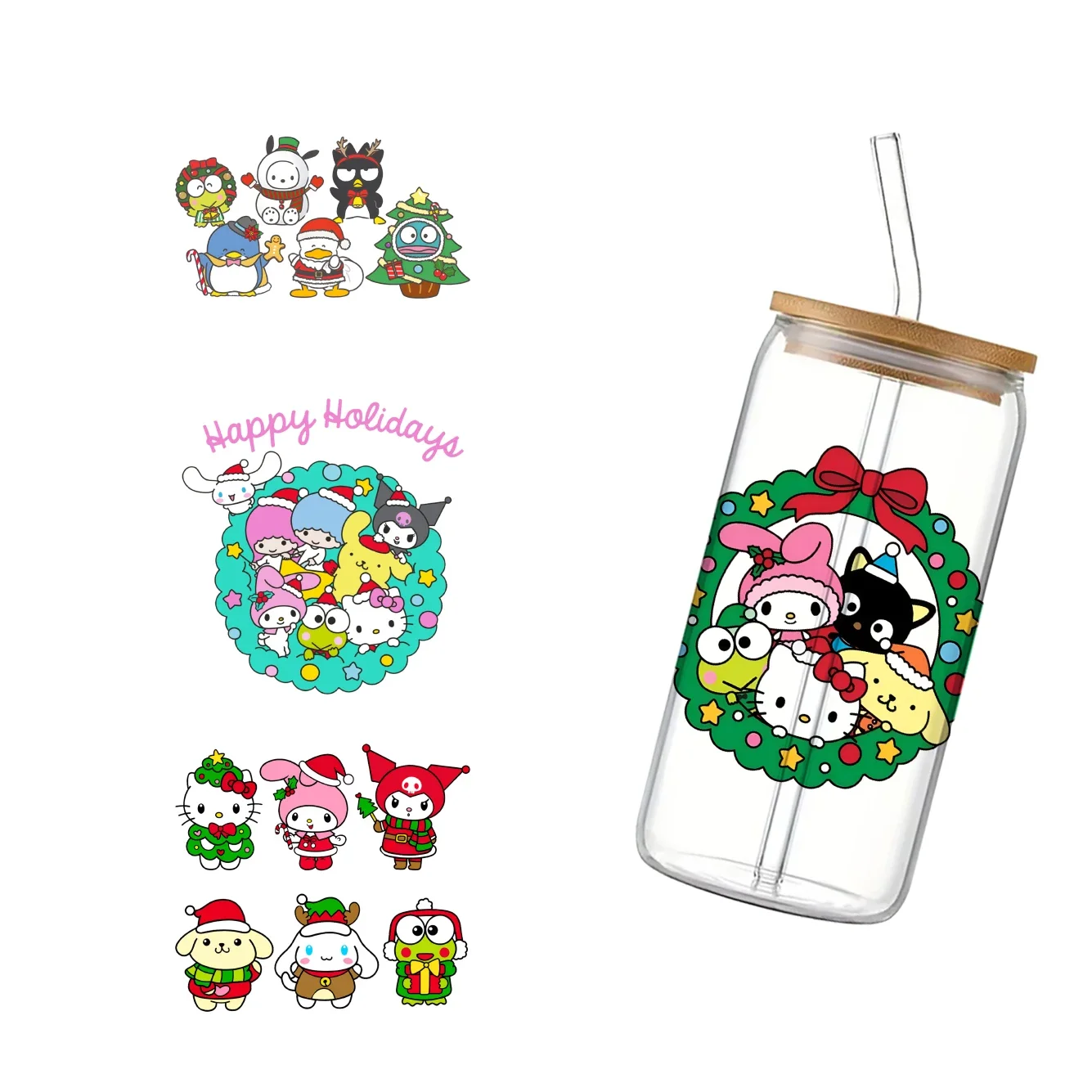 Sanrio Christmas Hello Kitty Melody Friends Design Cup Wrap Sticker 16oz UV DTF Waterproof Sticker for Party Fans Gift 11x11cm