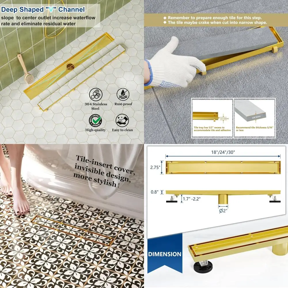 

Golden 304 Stainless Steel 18 Linear Shower Drain with Tile Insert and Hair Strainer
