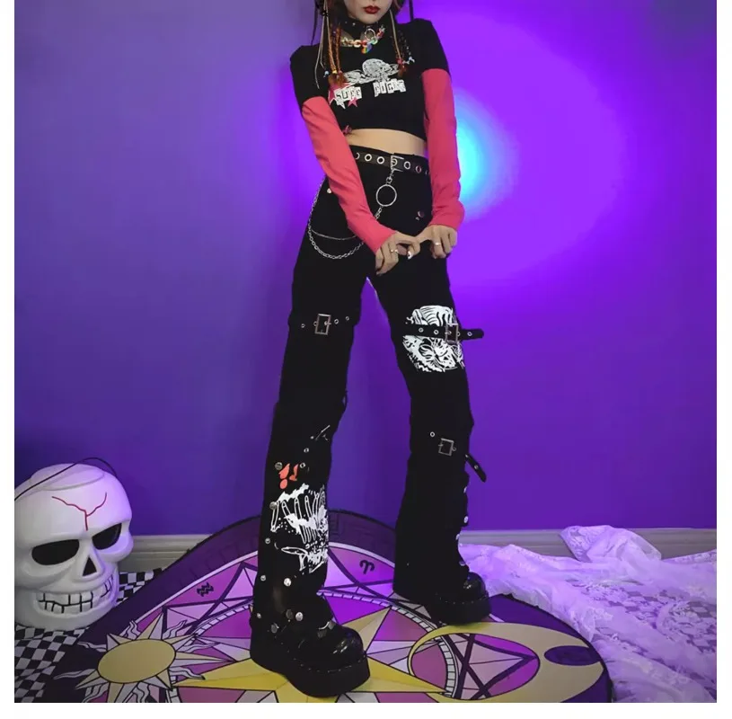 Otoño Punk nuevo suelo europeo y americano Cool Y2K pantalones de calle millenaria versátil negro oscuro pantalones casuales de moda mujeres