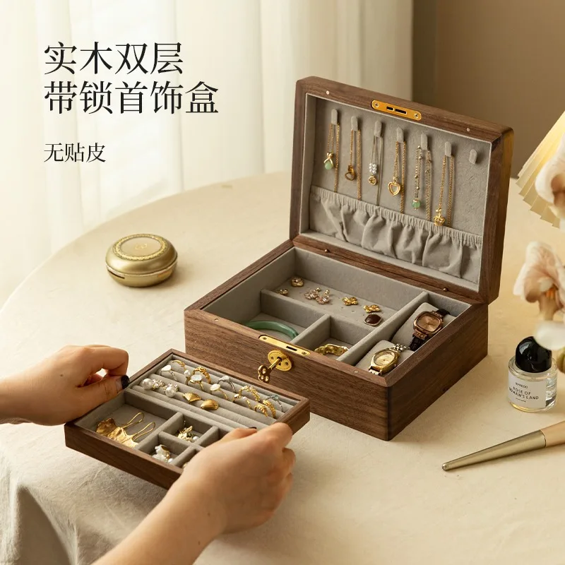 Schmuckschatulle aus massivem Holz, Aufbewahrungsbox, hochwertig und exquisit mit Schloss, großes Fassungsvermögen von Ohrsteckern und Handschmuck.