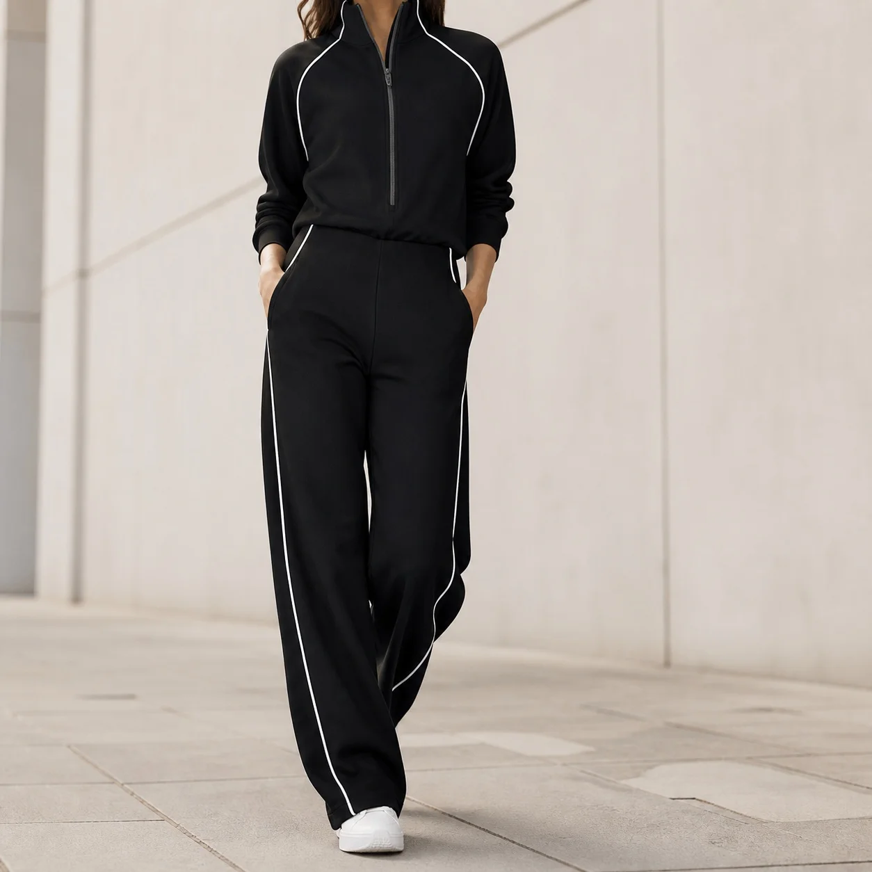 Women's And Sporty Woman Contrast Color Elastic Waist Straight Leg Mid Weight Wrinkle Resistant Jumpsuit with Regular Sleeve