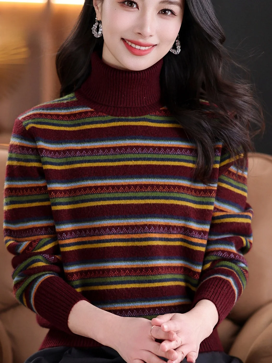 

Осенне-зимний вязаный свитер с высоким воротником в полоску для женщин, облегающий базовый слой, топ для полных женщин