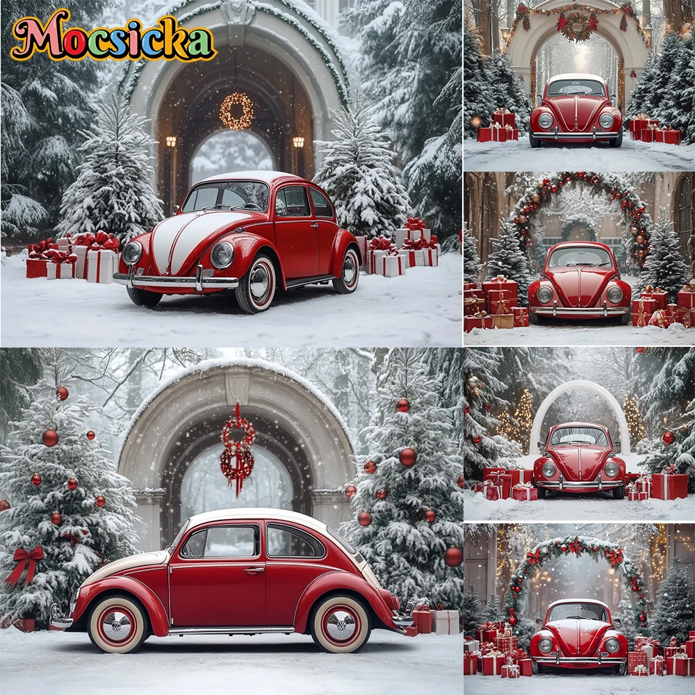 

Mocsicka Christmas Kid Portrait Photography Backdrop Snowy Pine Tree Red Car Baby Shower Merry Christmas Background Photo Studio