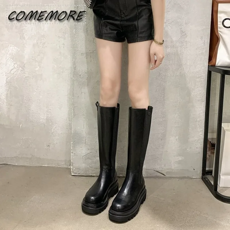 Luxury Designer Fashion Woman's Platform Zipper Spring Autumn PU Leather Non-slip Knee High Casual Women Chunky Long Black Boots