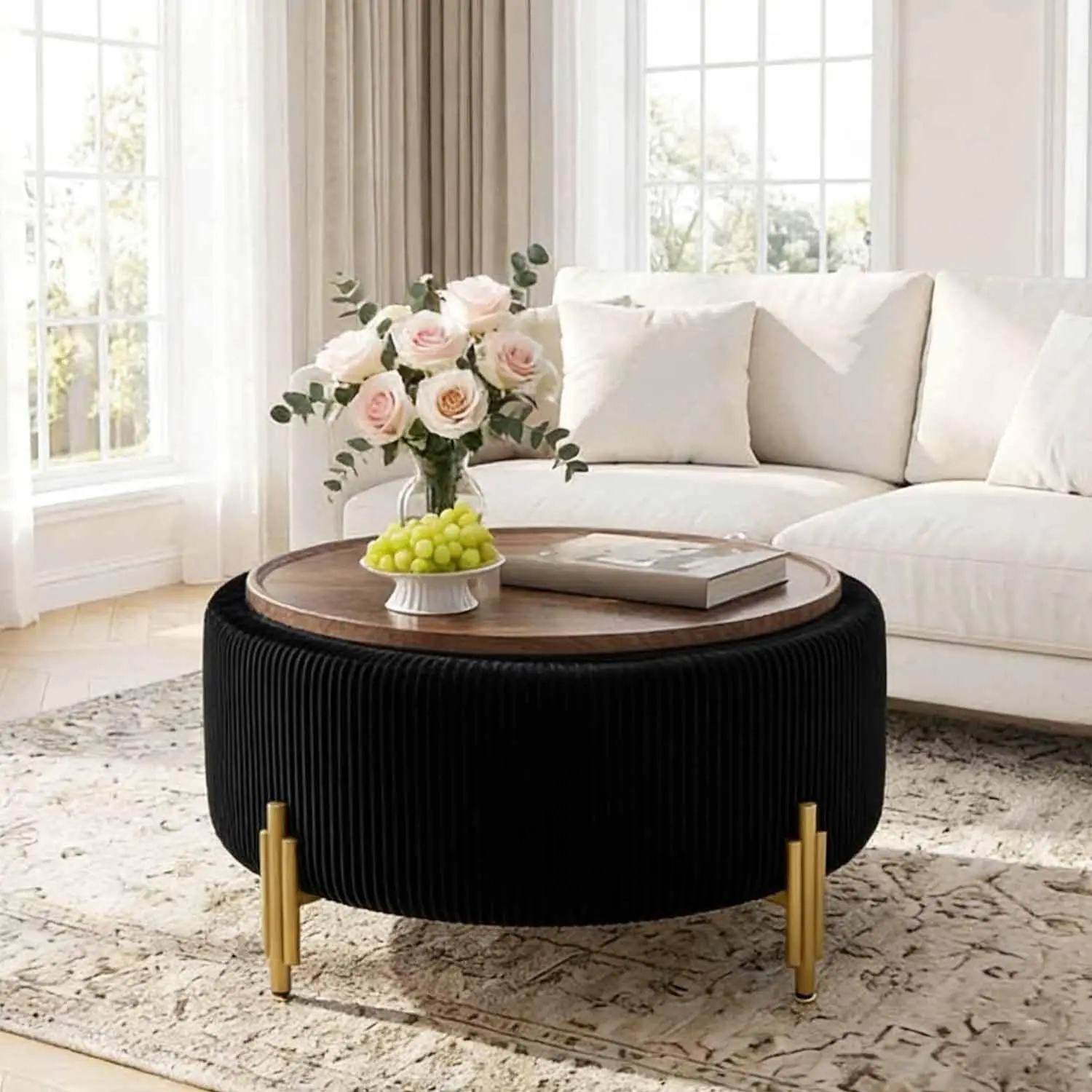 

30'' Round Storage Ottoman Coffee Table, Modern Velvet Upholstered Ottoman with Lid and Metal Legs for Living Room,, Customized