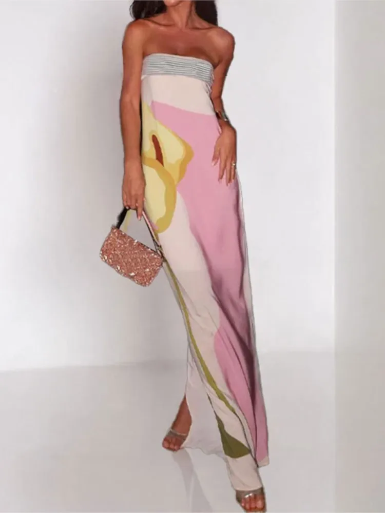 

Women's Fashion Sleeveless Off-the-shoulder Avant-garde Sexy Backless Printed Dress Summer Elegant Loose Waist Sleeveless Dress