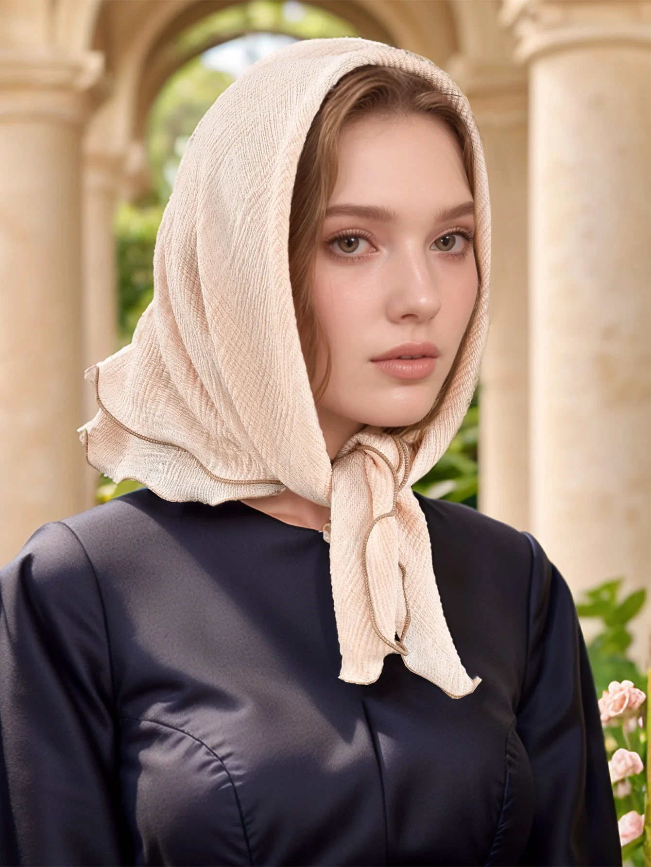 Bufanda cuadrada Hijab de 65x65cm para mujer, turbante a cuadros Jacquard con borde rizado, diadema de alambre plateado ligeramente brillante, envoltura para el cabello plisada de lujo