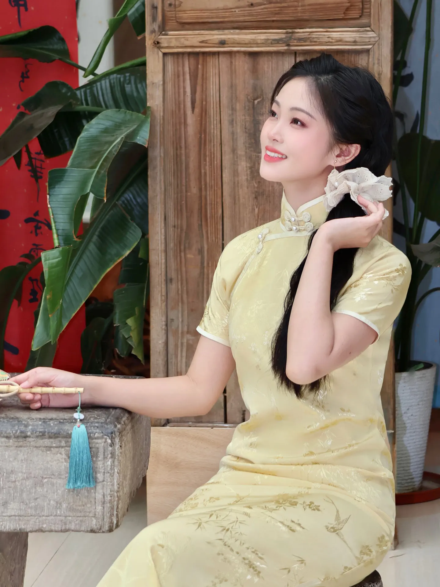 

Elegant Vintage Chinese New Style Office Wear Short Sleeve Low Slit Daily Long for Women in Their 20s