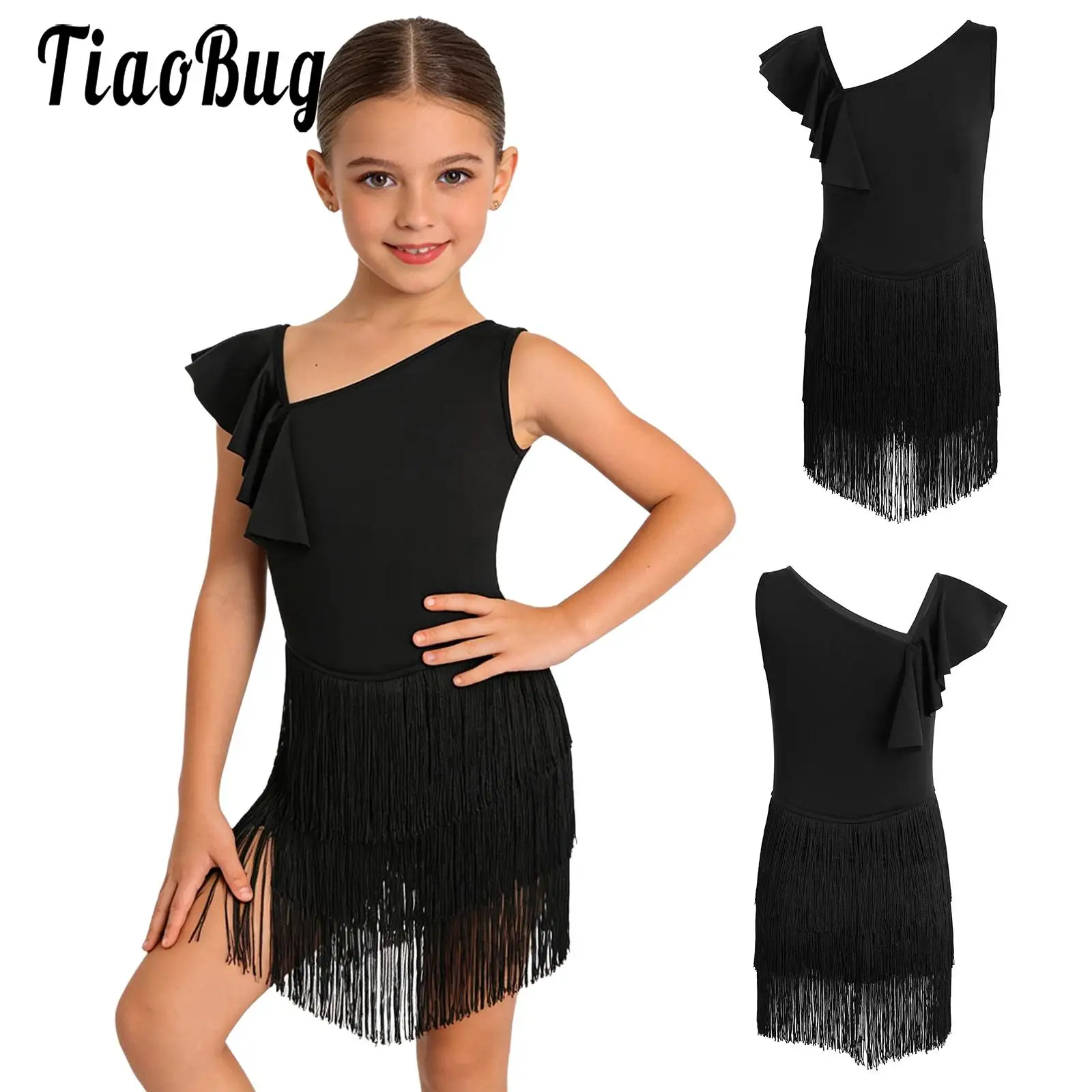 

Kids Girls Tassel Jazz Tango Latin Dance Performance Dress Asymmetrical Sleeves Leotards Fringed Dress with Built-in Briefs