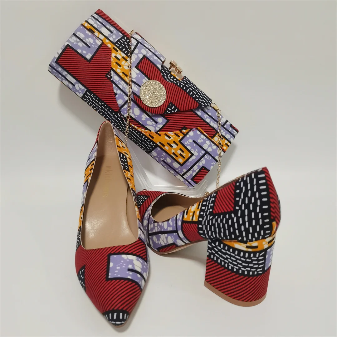 High Quality Stylish African Cotton Wax made Banquet Clutch and Chunky High Heel Shoes Suit  for Wedding Ankara Wax Bag Y1031-5