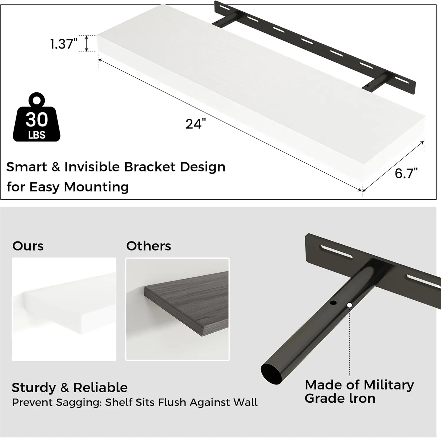 

Floating Shelves For Wall, 24""W X 6.7""D X 1.4""H, 2 Pack Of Long Wall Mounted Engineered Wood Shelves With Invisible Brackets