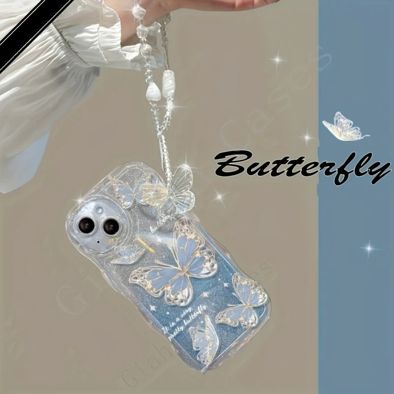 INS Butterfly Pattern Cream Wavy-edge Phone Case For iPhone 17 16 15 14 13 12 11 Pro Max 16E With Butterfly Bead String Cover view 6