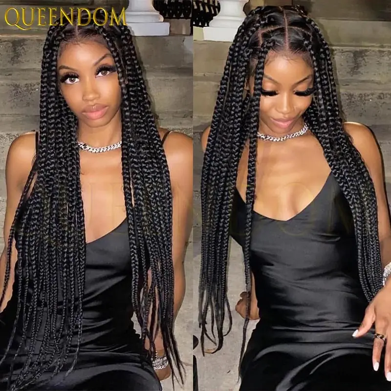36 بوصة الاصطناعية شعر مستعار أسود طويل كامل الدانتيل شعر مستعار مضفر كبير مربع Knotless صندوق الضفائر شعر مستعار للنساء السود شعر مستعار كورنو