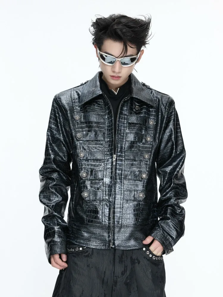 Punk Mens Faux Leather Jacket Slim Fit Zipper Streetwear Stand Collar Motorcycle Coat Personality Embroidery Black Outerwear