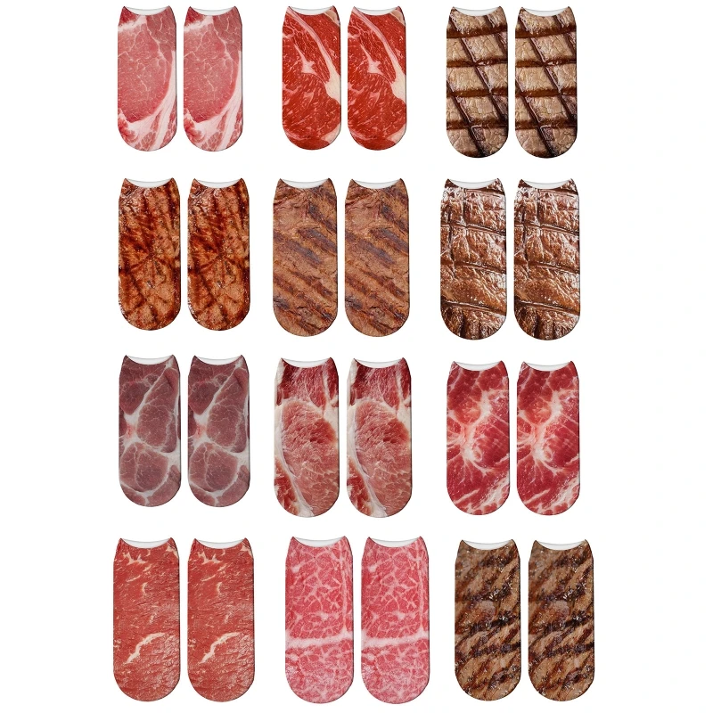 3D Digital Printing Meat Socks 1 Pair Beef Pork Short Sock Funny Simulation Socks Unisex for Men Women Teens Halloween Christmas