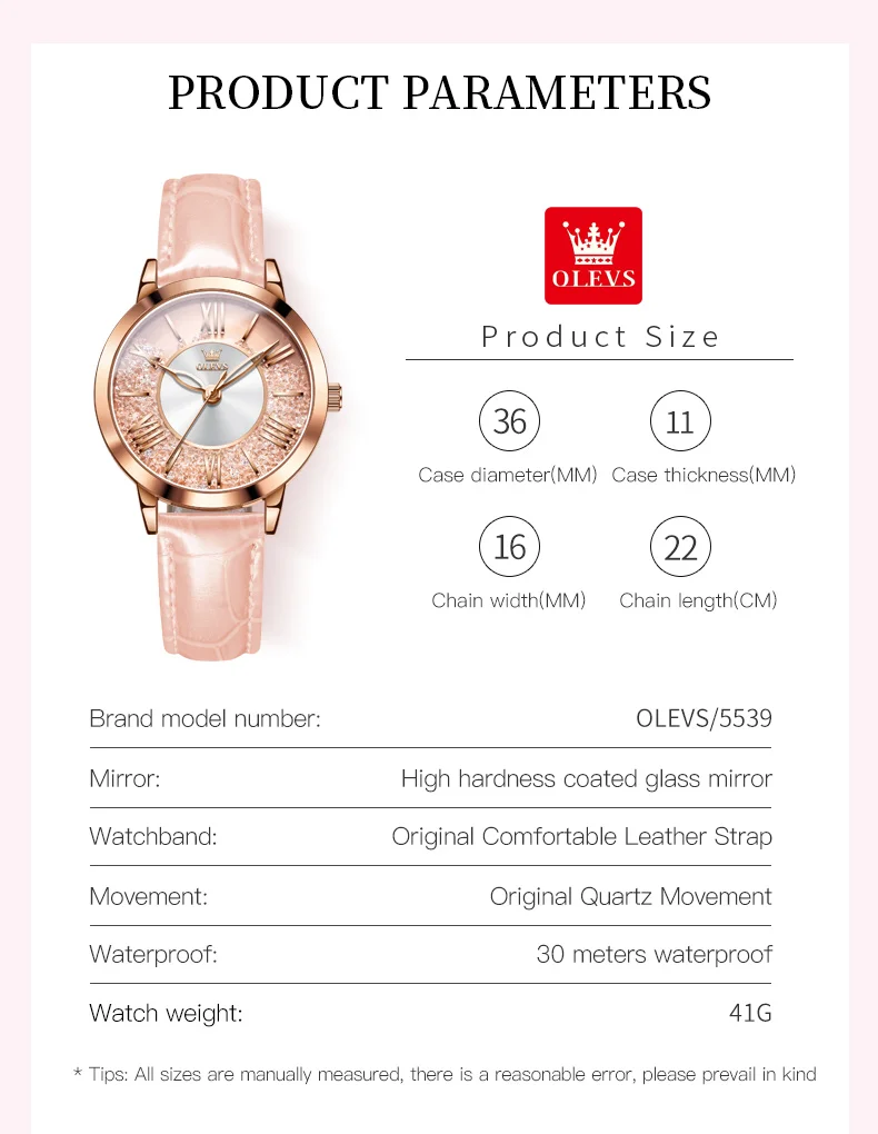 OLEVS 5539 Quartz Watch Woman Flowing Crystal Design Roman Numeral Scale Ladies Wristwatch Leather Strap Waterproof Womens Watch