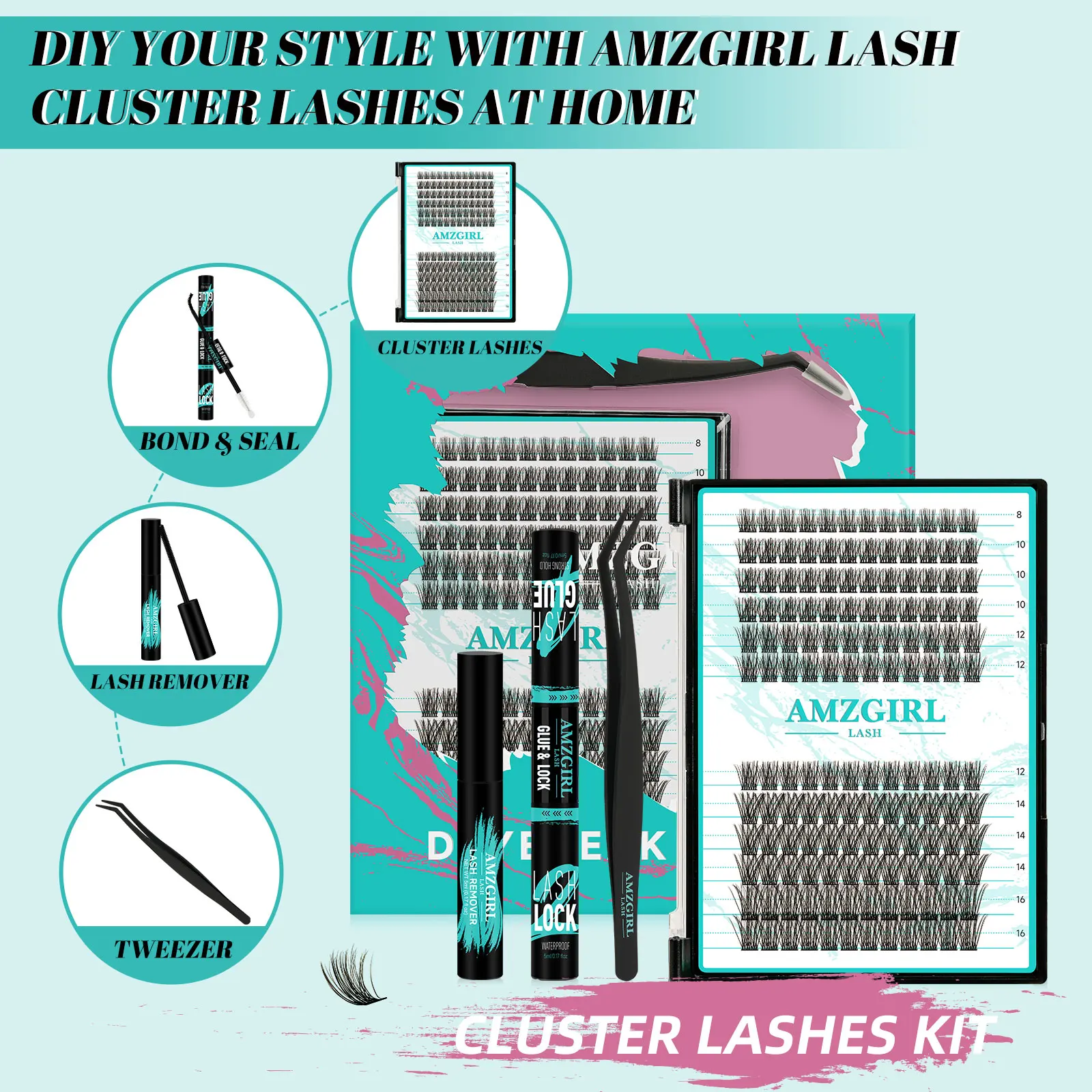 AMZGIRL LASH DIY zestaw rzęs 144 szt. Cluster Lashes D Curl wodoodporne wiązanie i uszczelnienie z narzędziem do usuwania pęseta łatwe w aplikacji