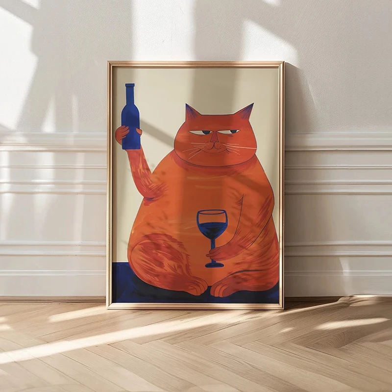 Red Cat with Wine Canvas Prints Poster Martini Cat Poster Kitchen Canvas Painting Wall Art Pictures Retro Bar Cart Decor