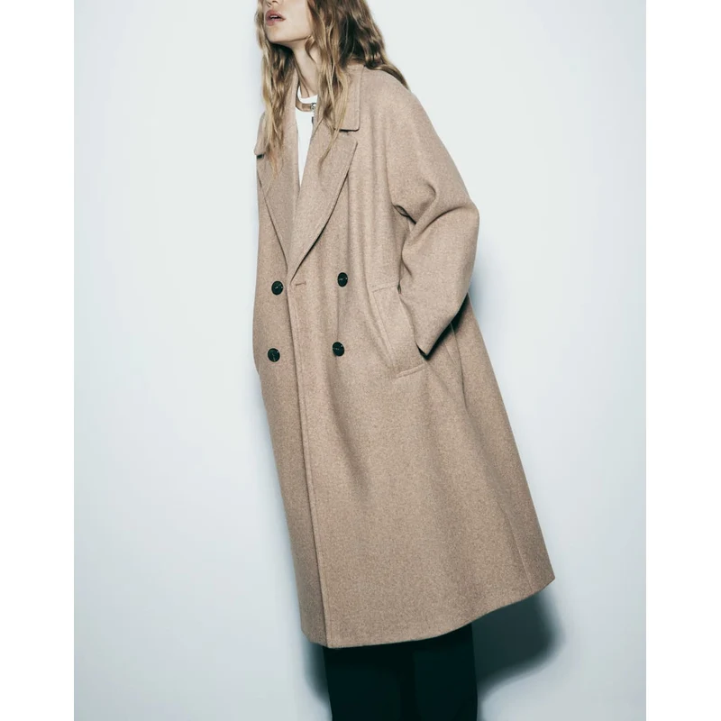 Cappotto lungo in lana Sve doppiopetto da donna Cappotto ampio in materiale morbido con risvolto Z Marca Autunno Stagione 2023