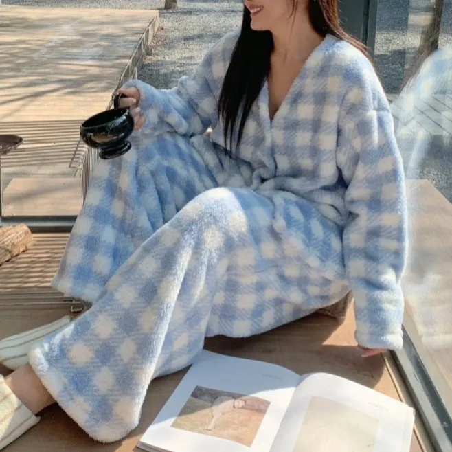 

Осень-зима, теплая одежда для сна, толстый коралловый флис, топ, брюки с эластичной резинкой на талии, комплект из 2 предметов, одежда для сна, домашняя одежда, пижамный костюм