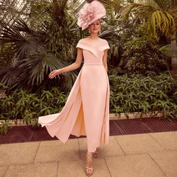 Customized Blush Pink Mother of the Bride Dress 2025 Ankle Length Mother Gown Short Sleeves Wedding Party Dress Beading Neckline
