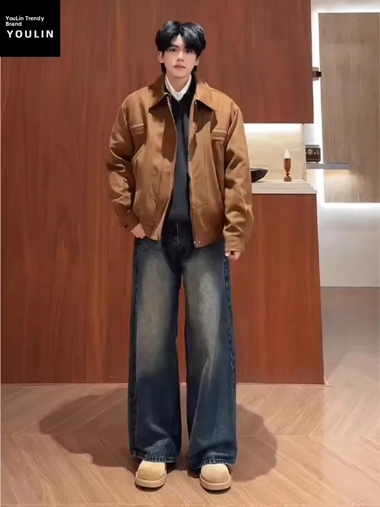 

Retro American Deep Blue Men's Jeans Thickened Extended Straight Leg Loose Workwear Trousers Casual Wear for Teenagers