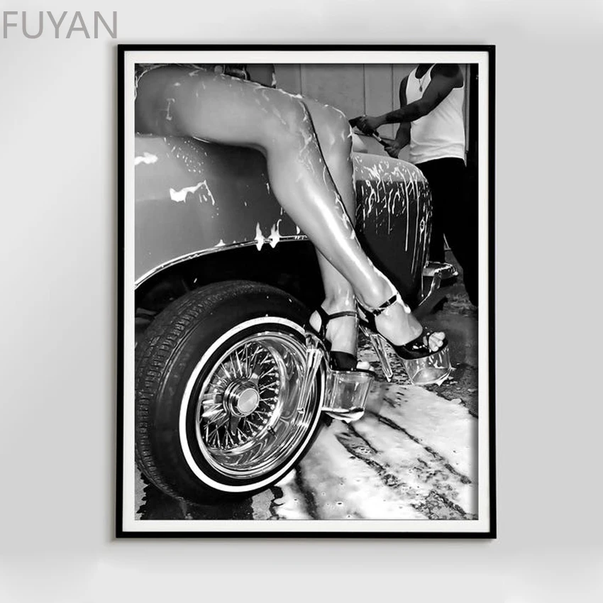High Heels Woman on Classic Car Canvas Poster and Print, Vintage Photography Wall Art, Black White Painting for Garage Decor