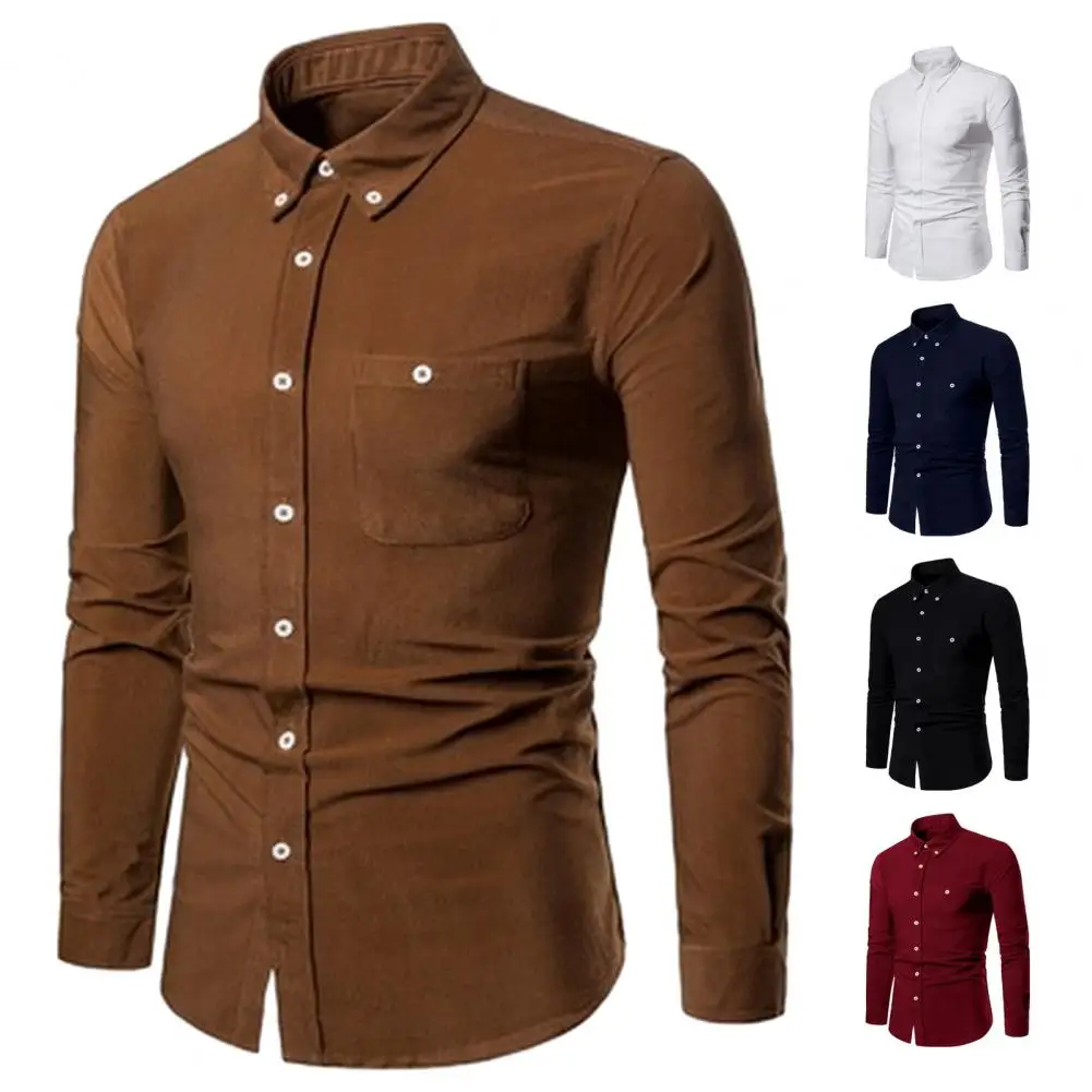 

Spring Summer Men Shirt Slim Fit Turn-down Collar Single-breasted Men Top Solid Color Pocket Long Sleeve Buttons Mid Length Top