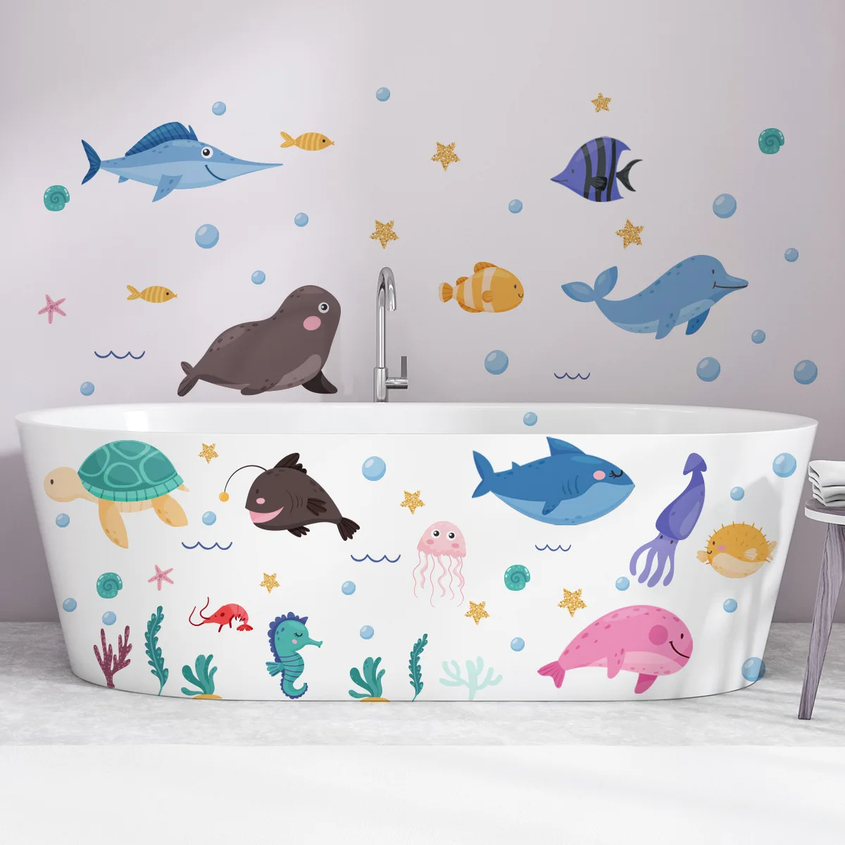 Cartoon Sea World Turtle Dolphin Shark bathtub sticker Bathroom bathroom beautify decorative wall sticker best-selling